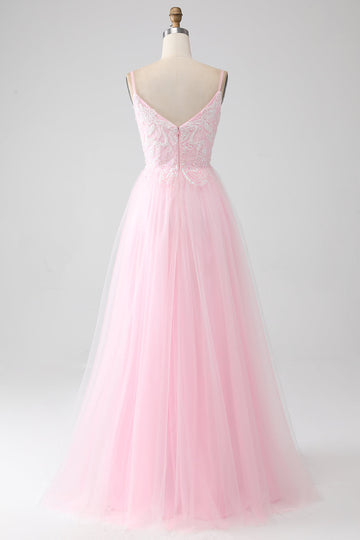 Light Pink A-Line Spaghetti Straps Beaded Ball Dress with Appliques